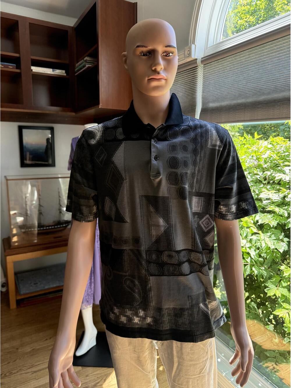 Bugatchi Uomo Vintage Abstract Geometric Polo Shirt Black Gray Mens M
